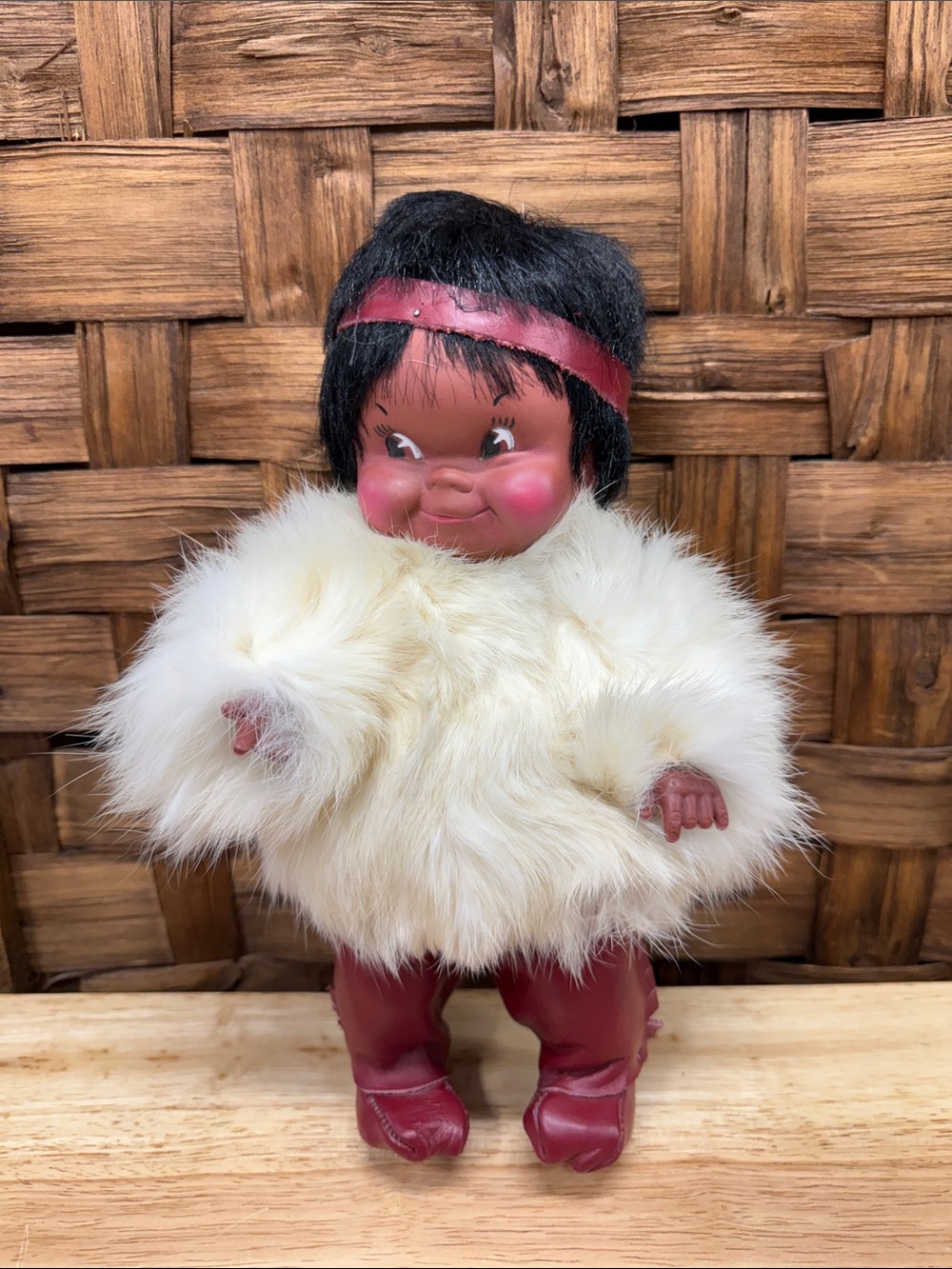 Vintage Eskimo Kids Toy Doll with Cream Fur Coat and Maroon Accents